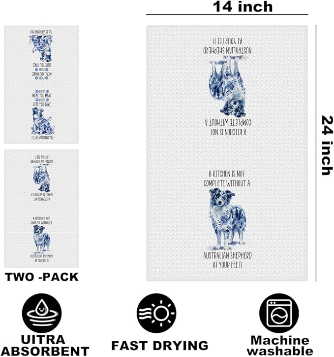 2 Pcs Chinoiserie Australian Shepherd Kitchen Towels 24x14 Inch, Australian Shepherd Gifts Reusable Dish Towels for Kitchen Decor, Blue and White Floral Hand Towel, Funny Dog Gifts for Women Mom