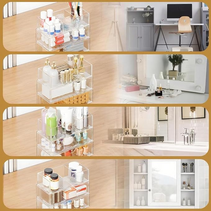 Medicine Cabinet Organizer with Removable Dividers, 3-Tier Stackable Drawer Storage for Bathroom, RV, Vanity, Countertop & Desk