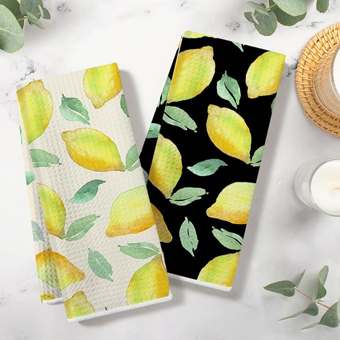 Lemon Kitchen Towels, Quick Dry Multipurpose Waffle Weave Hand Towels for Bathroom, Absorbent Reusable Cloth Tea Dish Towels for Home Decor, Lemon Lover Gift White and Black Background Towel Set of 2