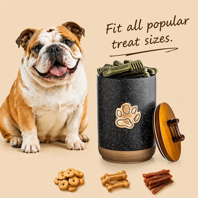 Miamolo Dog Treat Container Airtight Seal, Training Dog Treat Jar with Lid | 8 Cups, Cast-iron Handle | Ceramic Dog Food Storage Container, Rustic Pet Cookie Jar, Gift for Dog Lovers | Paw Dotted Black