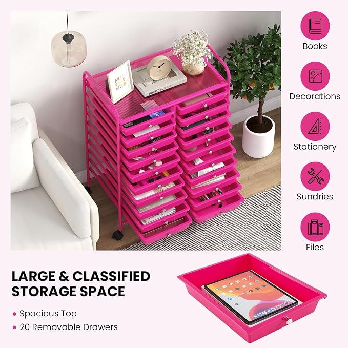 20 Drawer Rolling Storage Cart, Art Cart Organizer with Wheels for Makeup, Tool, Paper, Multipurpose Craft Storage Cart with Drawers for Office, Home, Classroom, School (Hot Pink)