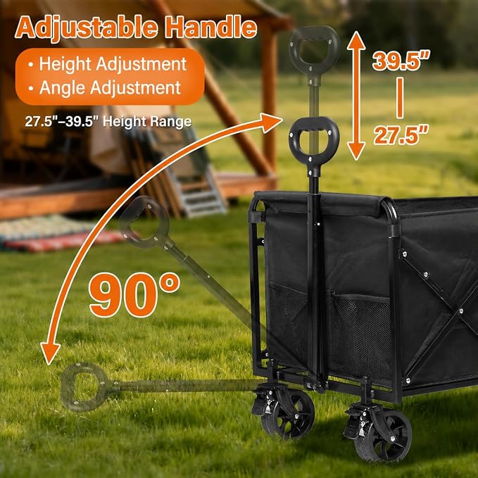 Wagons Carts Foldable, 500 lb 220L Collapsible Wagon with Brakes | Heavy folding wagon for groceries, camping, beach, outdoor hauling; large storage, brake control and compact folding design