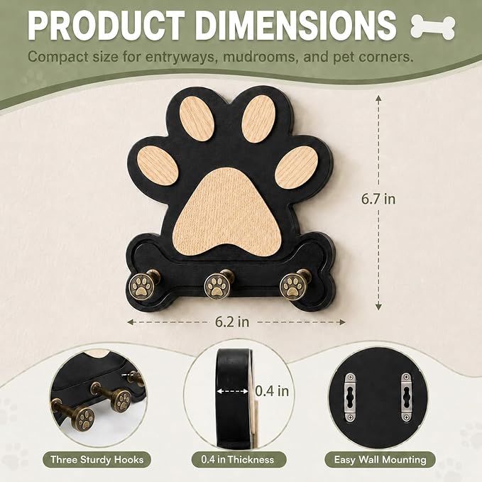 1 Pack Dog Leash Holder for Wall, Wooden Key Holder Wall Mount with 3 Metal Hooks, Dog Paw Organizer for Dog Owners and Pet Lovers (Black) (2)
