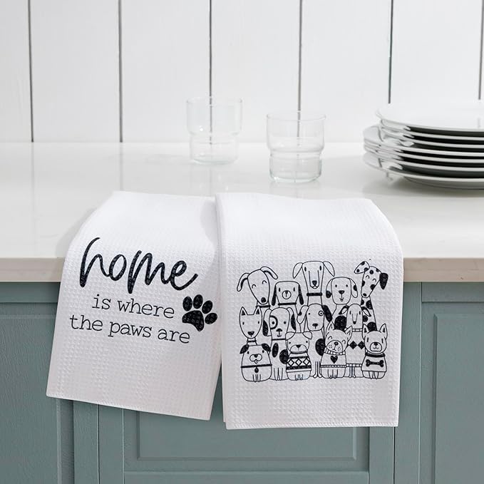 Set of 2 Waffle Weave Kitchen Towels, 380 GSM Absorbent Quick-Dry Microfiber Dish Towels, Funny Dog Tea Towels, 18 x 30 Inches, Gift for Dog Lovers, Kitchen Decor
