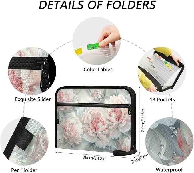 13 Pocket Zipper Expanding File Folder A4 Pink Flower | Accordion File Organizer with Front Pouch A4 Letter Size Portable Folders for Documents Receipt School Office Supplies