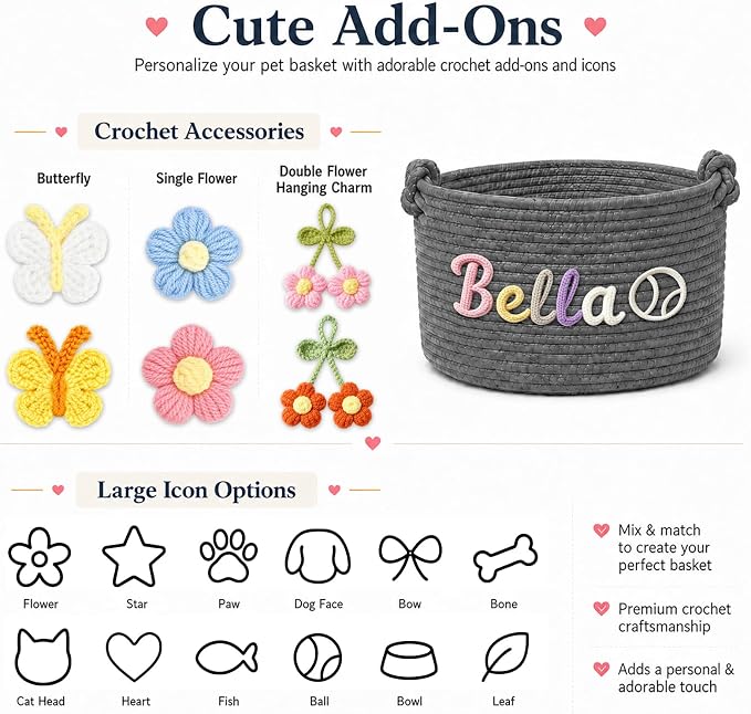 Personalized Dog Cat Toy Basket with Name, Custom Pet Storage Bin | for Puppies, Kittens, Dog Moms and Pet Owners; Organize Toys, Treats, Leashes and Blankets in Living Rooms or Pet Corners