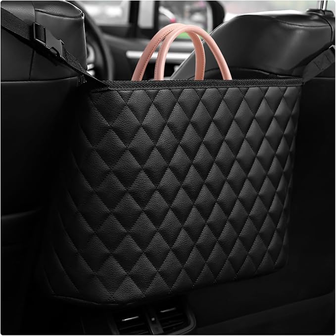 Car Net Pocket Handbag Holder, Large Capacity PU Leather Auto Purse Holder Storage Bag for Front Seats, Driver Storage Netting Pouch Barrier of Backseat Pet, Car Accessories (Regular)