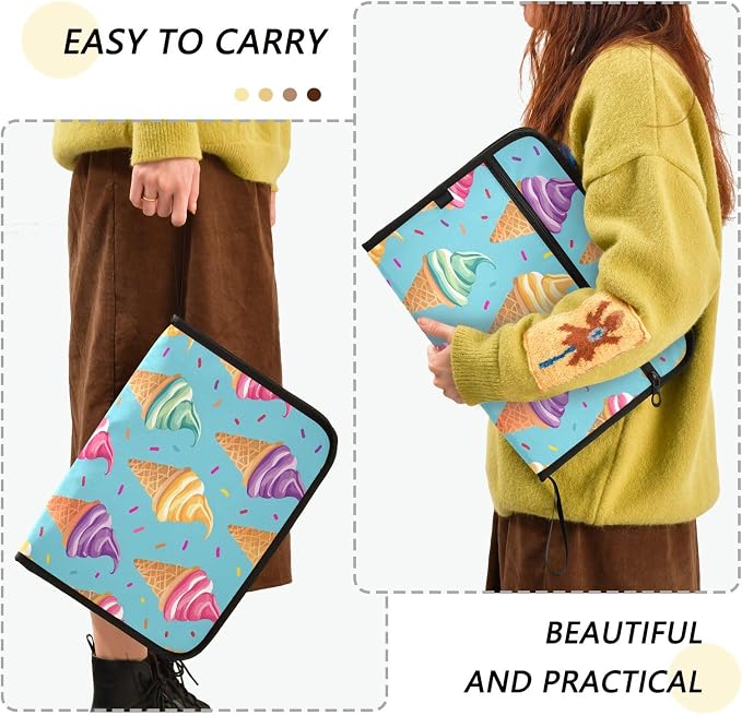 Ice Cream File Organizer 13 Pocket Expanding File Folder with Front Pouch Portable Business Fire Storage Document Organizer Folder with Zipper