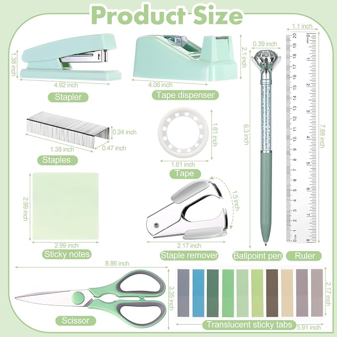 Marspark 12 Pcs Sage Green Desk Accessory Set Office Supplies Kit | Stapler Tape Dispenser Pen, Scissors Ruler Staple Remover Clips Sticky Notes, Sage Green Desk Supplies, Stationery Kit