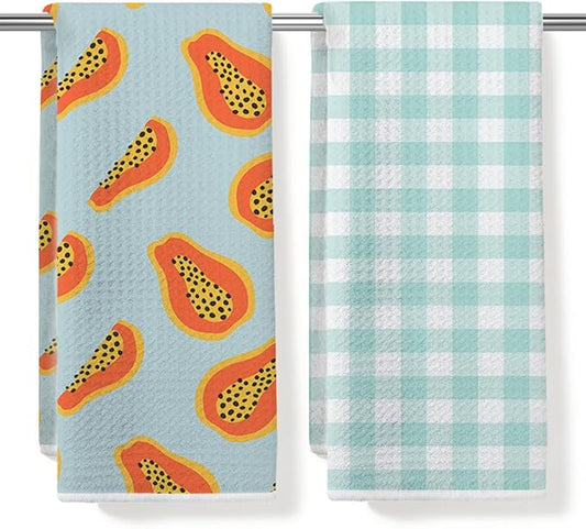 Papaya and Green Checkered Kitchen Towels, Quick Dry Multipurpose Waffle Weave Hand Towels for Bathroom, Absorbent Reusable Cloth Tea Dish Towels for Home Decor, Papaya Lover Gift Towel Set of 2