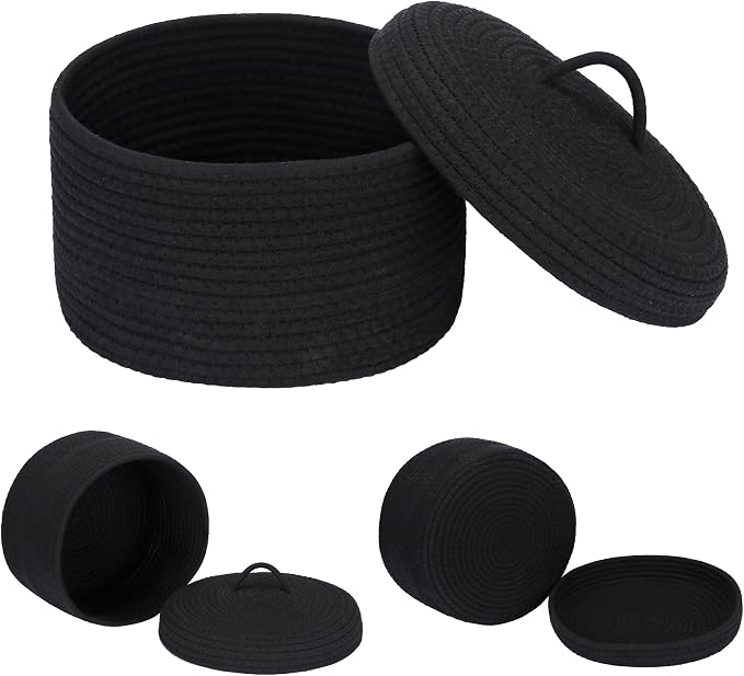 Sea Team Round Storage Basket, Woven Cotton Rope Basket with Lid, Black | Decorative Knitted Storage Bin, Multi-Purpose Lidded Organizer for Closet Shelves, Nursery and Household Storage