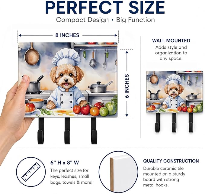 Caroline's Treasures Maltipoo The Chef Leash or Key Holder Wall Hooks, Key Hooks Holder, Coat Rack Wall Mount, Coat Hooks, Hooks for Hanging Keys, Towels, Aprons, Leashes | Maltipoo The Chef artwork on ceramic tile with three steel hooks for keys, leas...
