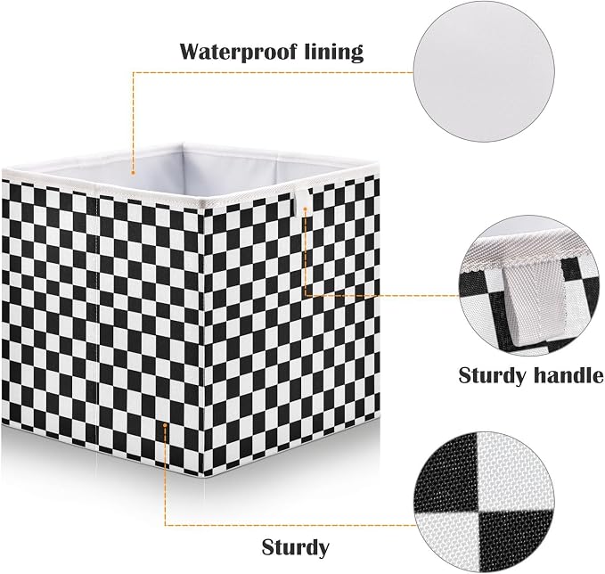 Black and White Checkered Pattern Cube Storage Bins Collapsible Fabric Storage Baskets Large Clothes Organizer Box for Bedroom Living Room Study Room 11×11×11 In