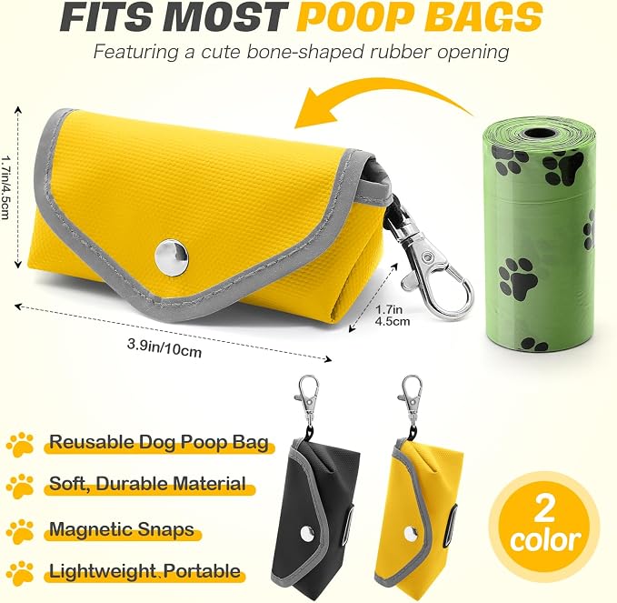 2 Pack Dog Poop Bag Holder, Lightweight Dog Waste Bag Dispenser for Easy Pull Out, Soft Pet Poop Bags Dispenser for Doggie Bag Holder for Leash (Black, Yellow, Without Bags)