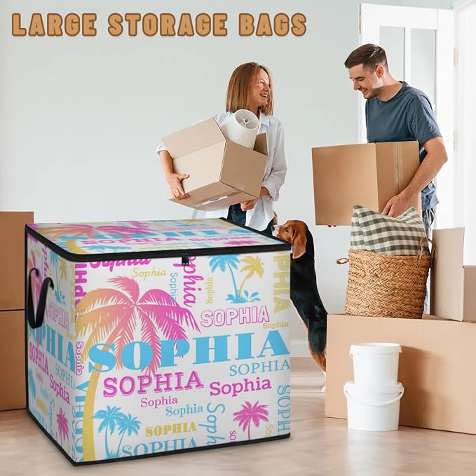 Personalized Extra Large Storage Basket with Lid, Comforters, Bedding Toys Colorful Pink Blue Yellow Palm Trees White Background Storage Bin for Home Basket for Clothes, Moving, Car Trunk