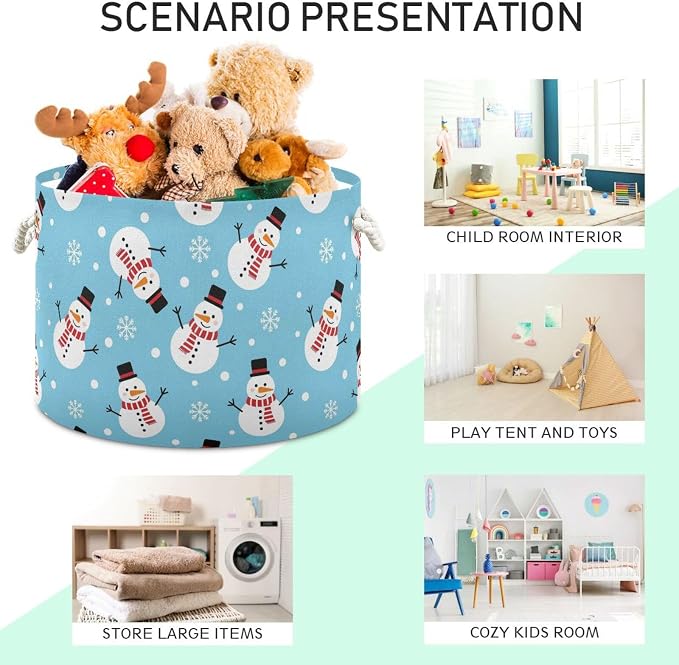 DOMIKING Large Storage Basket for Toys Christmas Snowman Blue Winter Storage Bin Box Kids Laundry Hamper for Home Decor Pet Toy Blankets Nursery