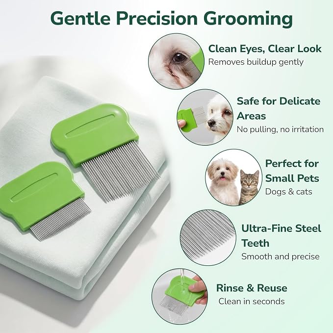 Pets&Goods Tear Stain & Flea Remover Comb Set for Dogs & Cats – Stainless Steel Eye Grooming Tool for Stains, Crust & Mucus – Gentle, Safe, Reusable – Pack of 2 (Green)
