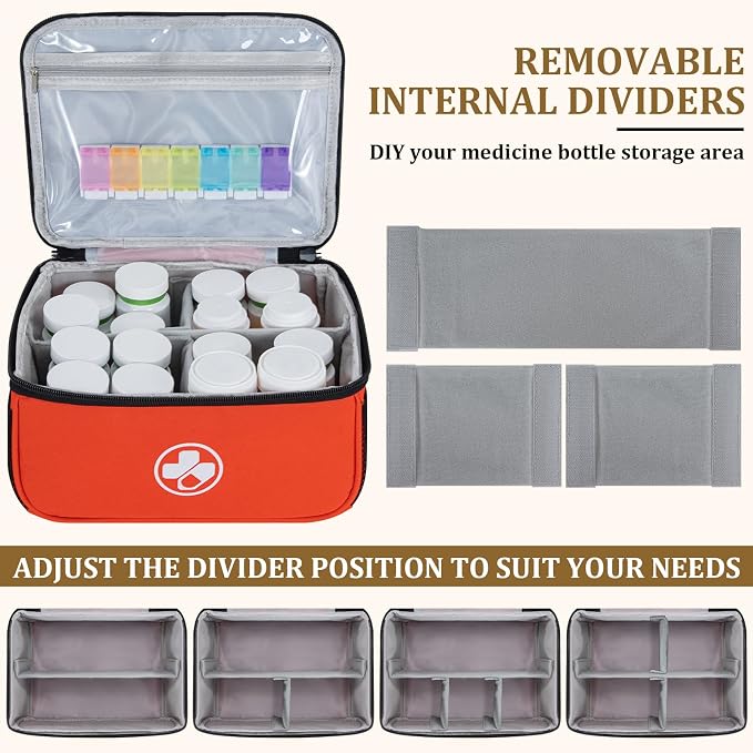 Dual Layers Medicine Organizer, Lockable Travel Pill Bag, Orange | Adjustable dividers for neat pill organization. Durable zippers & portable design suit daily use, travel or first aid kit
