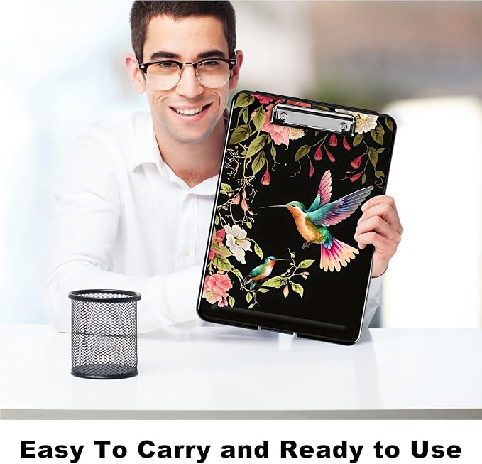 A4 Clipboard with Storage Pen Holder, Clipboards Organizer Nursing Clipboard Foldable File Folder Plastic Clipboard Folio Clip Board for Office Students Classroom Doctor, Flower Hummingbird