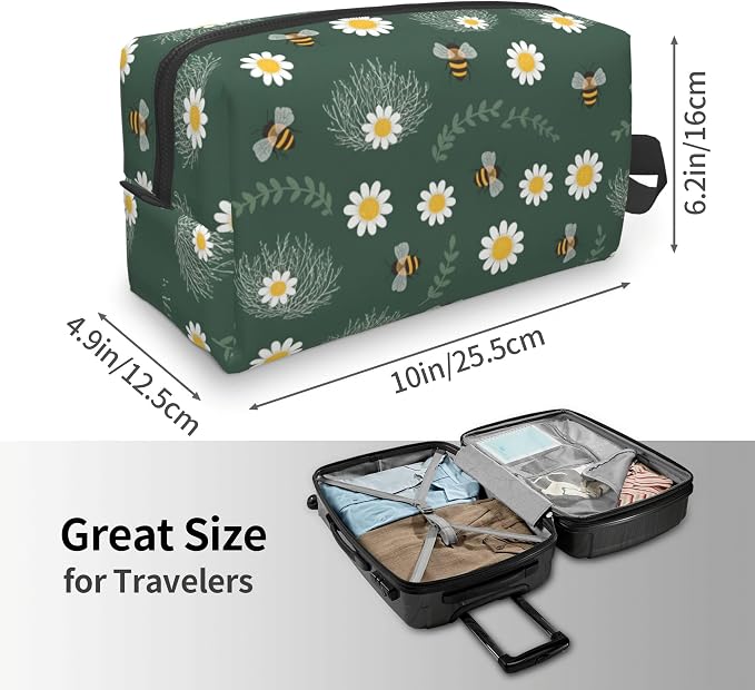 Dark Green Bee & Daisy Makeup Bag - Durable 600D Oxford Fabric Travel Cosmetic Bag, Shockproof Foam Padded Toiletry Organizer for Gym & Daily Use 10x6.2x4.9 Inch