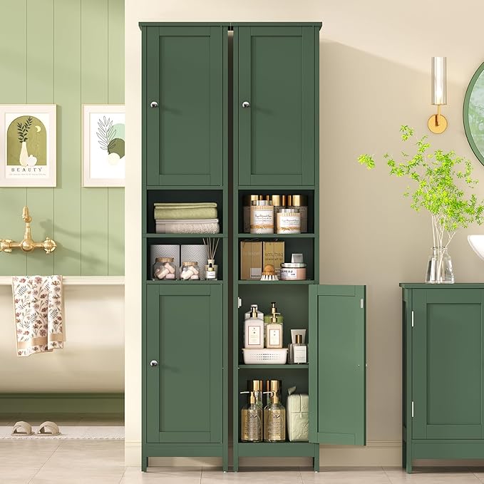 TEENFON 67" Tall Bathroom Cabinet with Adjustable Shelves and Doors, Narrow Bathroom Storage Cabinet for Small Space, Living Room, Entryway, Kitchen, Green