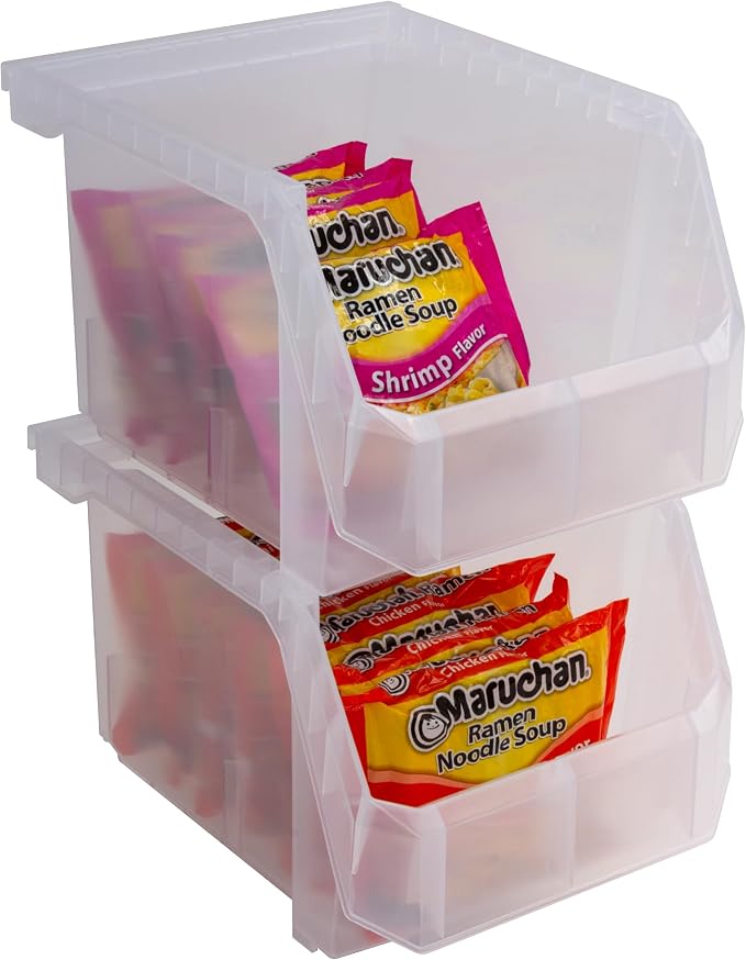 Medium-Tall Stackable Plastic Storage Bins, 4-Pack, Clear | Open-Front Stackable Bins For Garage, Pantry, Closet & Office, 7"L X 11"W X 8"H, Nests When Empty, Durable Plastic