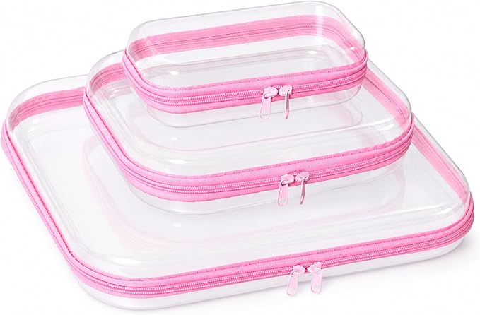 3 Pack Clear Hard Shell Zipper Case (1XL + 1L + 1M, Pink) | Travel Toiletry Bag, Waterproof 1.2mm PET Hard Plastic Pouches, Organizer Box for Makeup, Toy, Snack, Stationery, Diaper