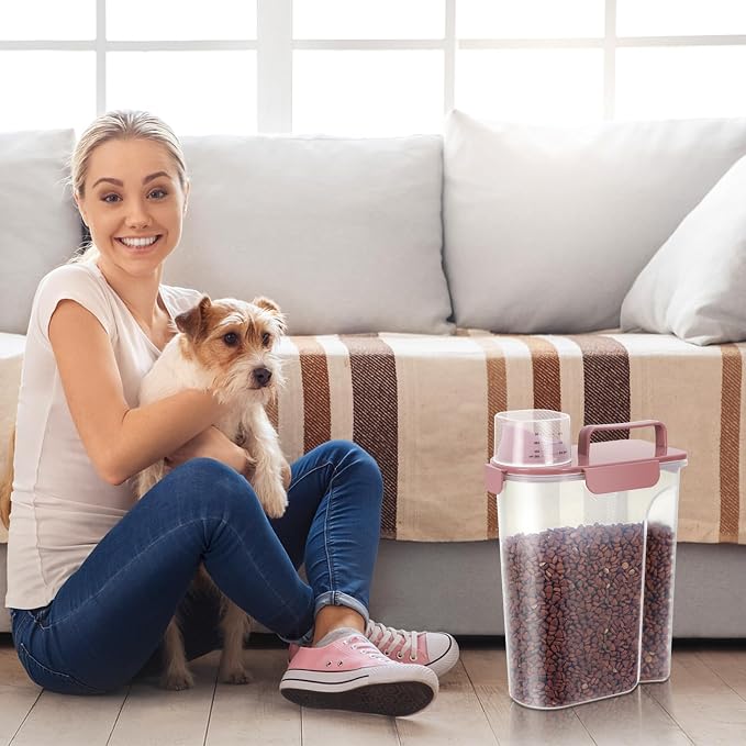 LEAWALK 5-7Lbs Airtight Pet Storage Container For Cat Dog Bird Food and Keep Fresh, Translucent Body, Upgraded Large Nozzle for Easy Pouring With Handle Design Easy to Carry When Going Out-Pink