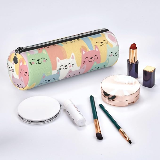 OSAM SPACE Leather Pencil Case Round Pencil Bag Cute Cats Pet Pen Organizer Holder Portable Zipper Pouch Cute School Supplies for Girls Boys Study Office