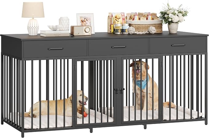 HOSTACK Double Dog Crate, 71"W Indoor Dog Kennel Furniture for 2 Dog, Black | 3 Drawers for Easy Storage, Heavy-Duty Cage, Removable Divider, Slide Bolt Latch, Modern Farmhouse Pet House for XL/XXL Dogs