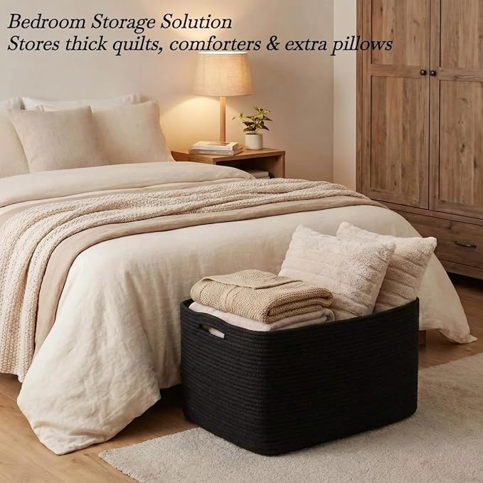 Optish 95L Large Woven Blanket Basket, Storage Basket with Handles, Black | Sturdy Cotton Rope Basket Organizer Blanket, a lot of Toys, Comforter, Pillows, Bedroom, Living Room, Bathroom, Easy to Carry