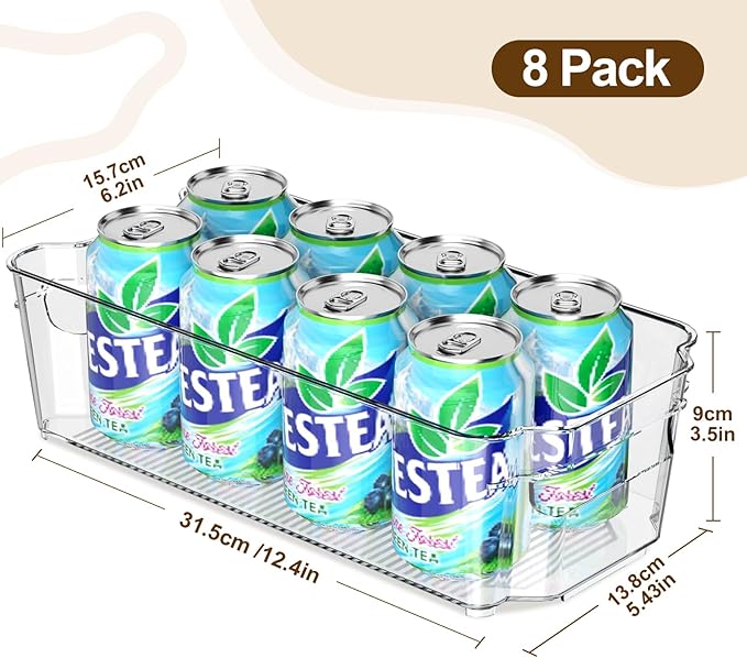 incostar Clear Fridge Organizer, Refrigerator Organizer Bins with Handle, Freezer, Kitchen Cabinet, Pantry Organization, BPA Free Fridge Organizers (12.4 inch 16 Pack)
