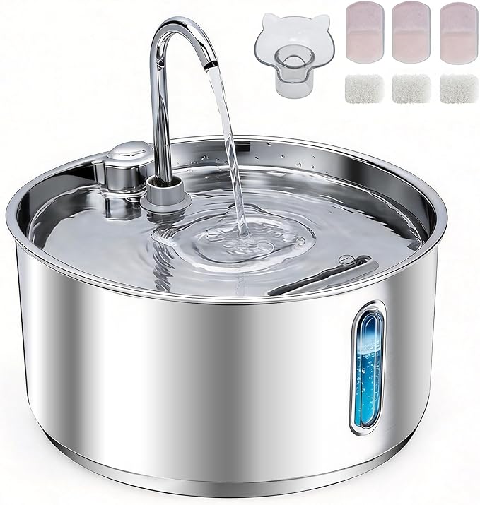 Stainless Steel Cat Water Fountain, 135oz/4L Automatic Pet Water Dispenser with 3 Filters & 2 Water Outlets, Quiet Indoor Drinking Fountain for Cats Small Dogs, Water Level Window
