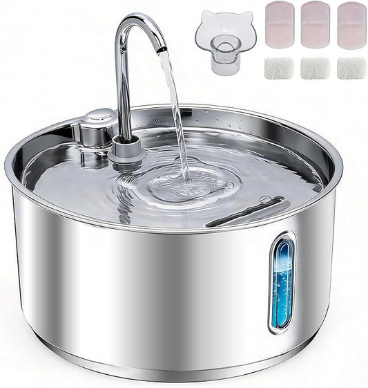 Stainless Steel Cat Water Fountain, 135oz/4L Automatic Pet Water Dispenser with 3 Filters & 2 Water Outlets, Quiet Indoor Drinking Fountain for Cats Small Dogs, Water Level Window
