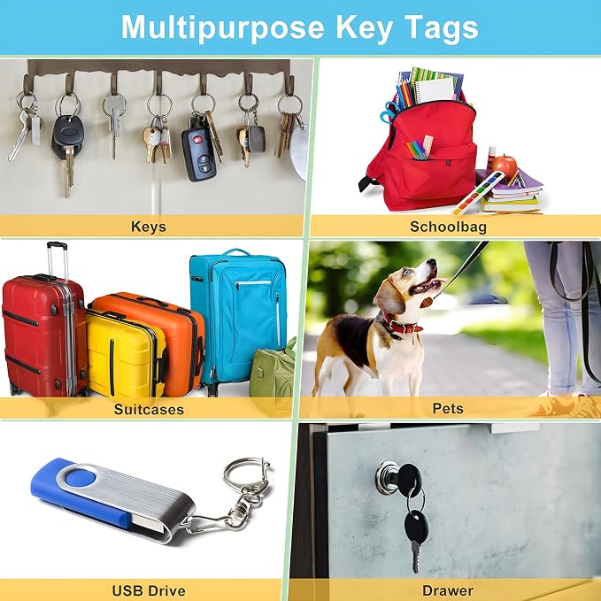 Coideal White Plastic Key Tags with Labels - 60 Pack Tough Key Chain Tag Rectangle ID Identifiers with Clear Label Window and Strong Split Ring for Luggage
