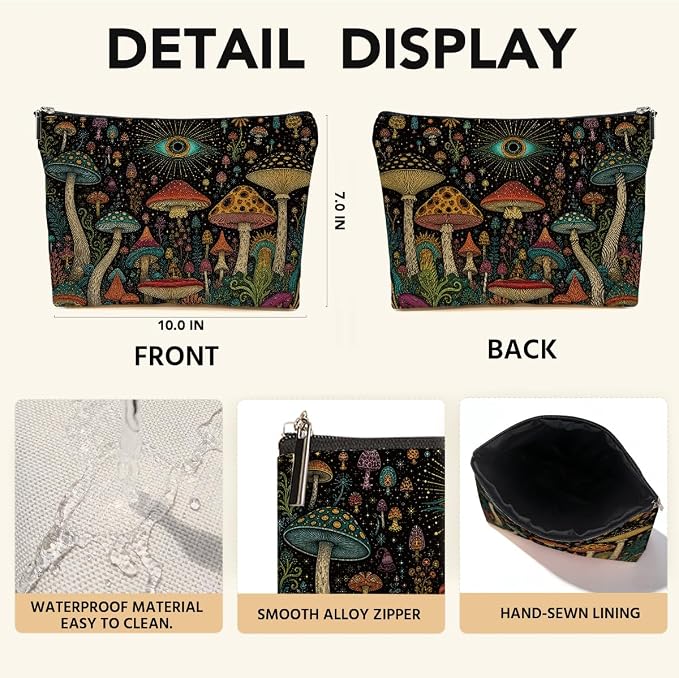 Boho Mushroom Makeup Bag, Vintage Mushrooms Cosmetic Bag Makeup Pouch | Evil Eye Travel Toiletry Bags for Women Girls Friends Sisters Wife Christmas Friendship Graduation Birthday Gifts