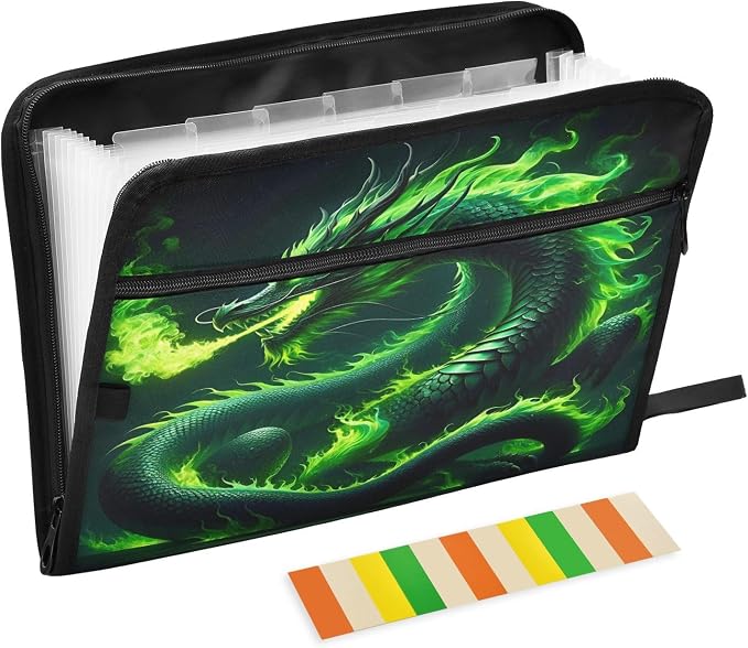 Green Fire Dragon File Organizer 13 Pocket Expanding File Folder with Front Pouch Portable Business Fire Storage Document Organizer Folder with Zipper