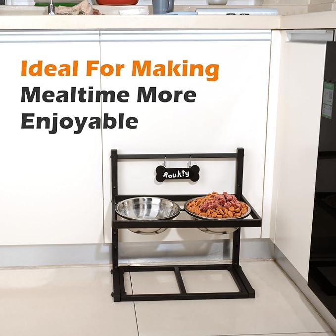 ADENGL Elevated Dog Bowls with Slow Feeder Dog Bowls, 5 Height Adjustable Raised Bowl Stand with 2 Stainless Steel Food & Water Container, Pet Bowl Elevated for Medium Large Pet