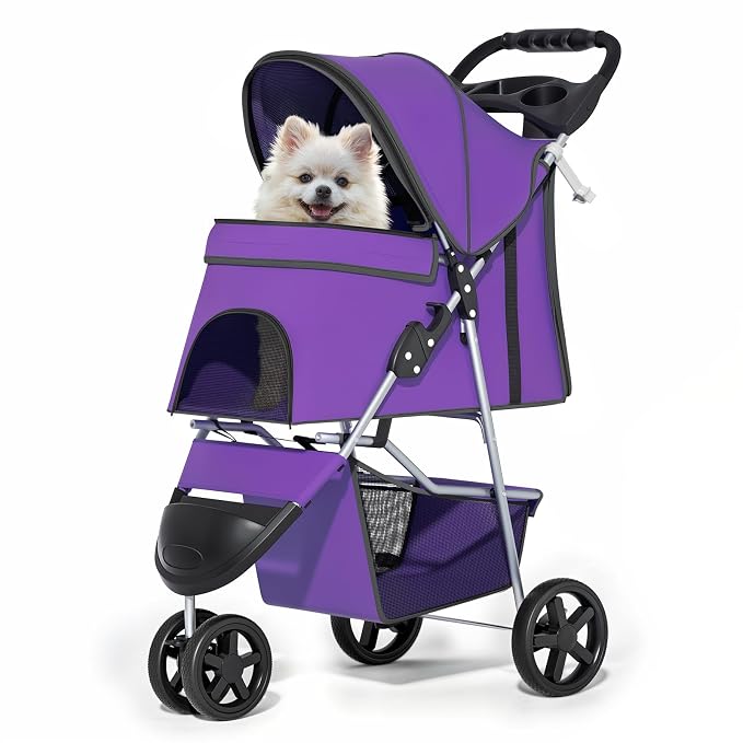 MoNiBloom Pet Stroller for Small/Medium Dogs and Cats up to 33 lbs, Purple | Foldable Dog Stroller 3 Wheels Pet Strolling Cart w/ Storage Basket Cup Holder, Breathable and Visible Mesh for All-Season