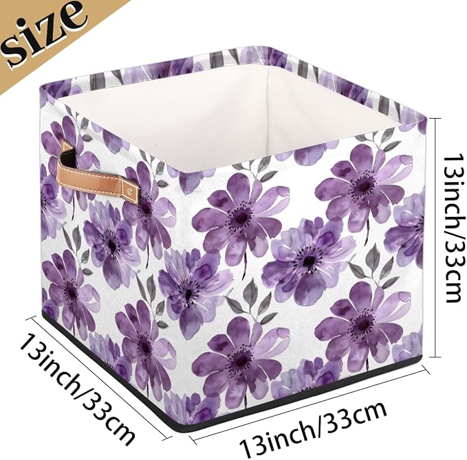 Purple Floral Cube Storage Bin, 13 Inch Collapsible Fabric Storage Cubes Bin, Watercolor Flower Leaves Wildflower Foldable Cube Baskets for Shelf, Closet, Organizer