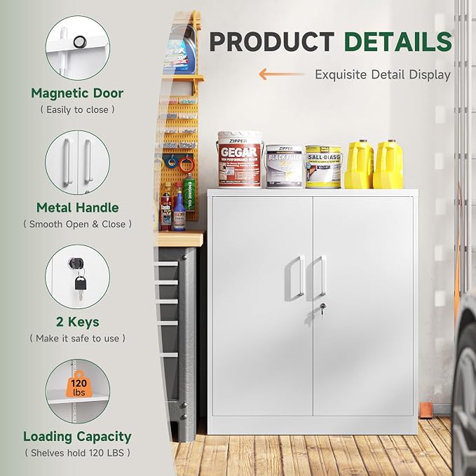 Metal Storage Cabinets with Lock, Small Locker Organizer Steel Cabinets, Adjustable Layers Shelves 2 Doors for Home, Office, Warehouse,Garage,Industrial,Employee Lockers (White-36)