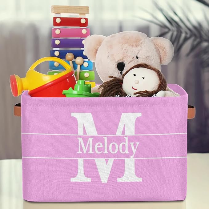 Personalized Storage Bins, Light Green Print Name and Initial Letter