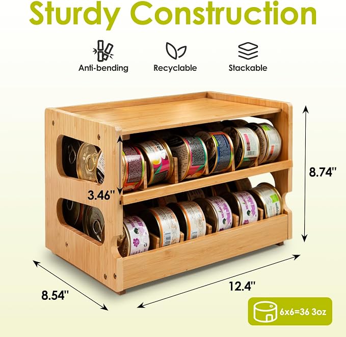 Coanto Cat Food Can Organizer, Bamboo 2-Tier FIFO Can Dispenser | 2-tier shelf holds up to 36 standard 3 oz wet cat food cans. Stackable pantry organizer for cabinets, counters