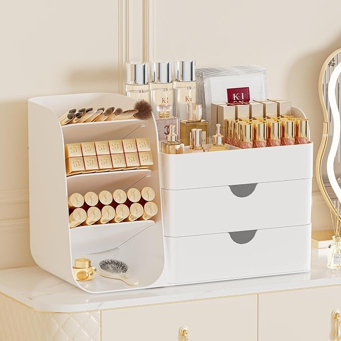 Makeup Organizer for Vanity Skincare Organizers Countertop, All White | Cosmetic Organizer with Brush Holder and 2 Drawers, Beauty Makeup Storage for Lipsticks, Nail Polishes, Eyeshadow Palettes