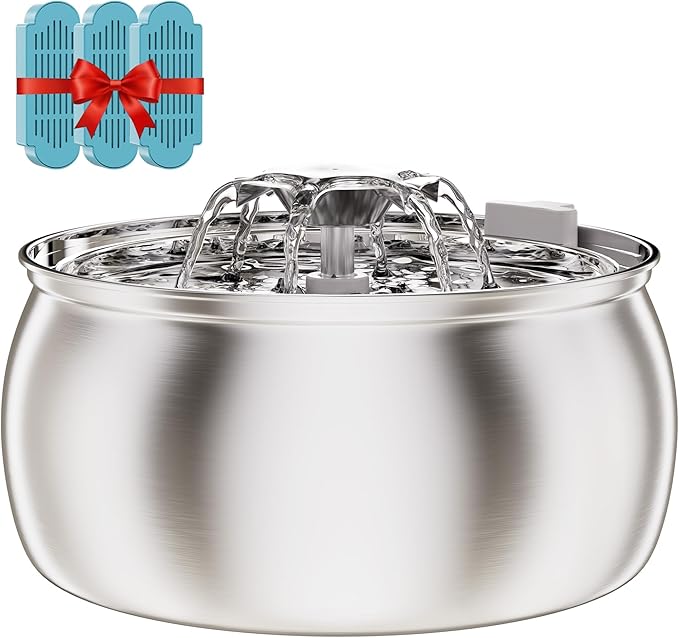Tomxcute Cat Water Fountain Stainless Steel: 4L/135oz Large Capacity Dual-Mode Flow Ultra Quiet Pump Filtered Circulating Water for Multiple Pets Indoor with 3 Replacement Filters