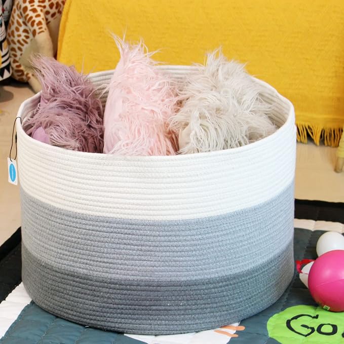 Casaphoria XXXLarge Cotton Rope Basket for Living Room - Woven Storage Basket with Handle for Blankets, Towels and Pillows Laundry Hamper | Light Gray (22" x 22" x 14")