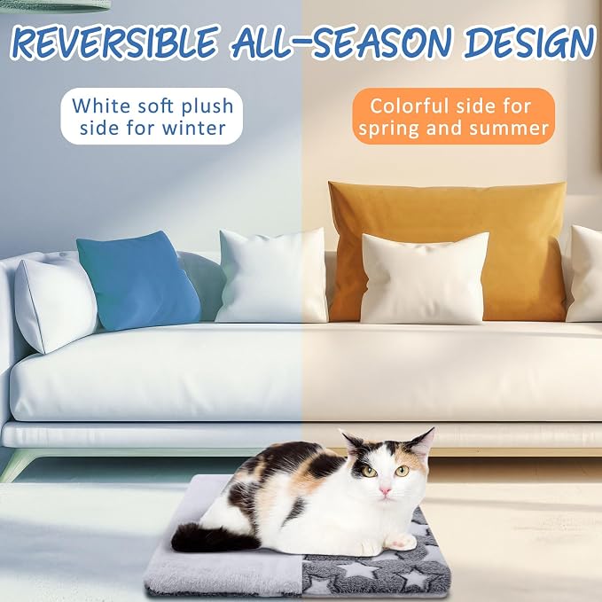 2 Pack Self Warming Cat Mat Self Heating Pad Bed Reversible Machine Washable Reflects Body Heat Warm Thermal Pet Pad Crate Blanket for Feral and Indoor Cat (Star,17'' X 17'')