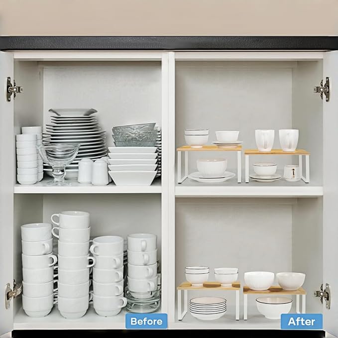 NEX Bamboo Kitchen Cabinet and Counter Shelf Organizer, Stackable & Expandable, Set of 4, White and Natural | Stackable & Expandable Spice Rack, Space-Saving Pantry Organizers Bathroom Countertop Storage, White and Natural