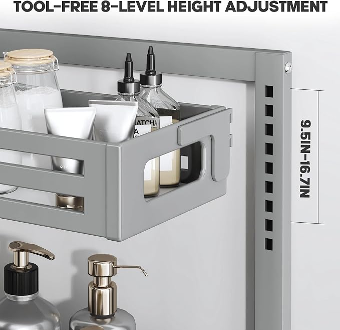 2 Pack 17IN-Depth Under Sink Organizer,Pull Out Cabinet Organizer With Smooth Cylindrical Rail,Metal Slide Out Drawer for Kitchen Bathroom Laundry,8-Level Tool Free Height Adjustable-Gun Gray