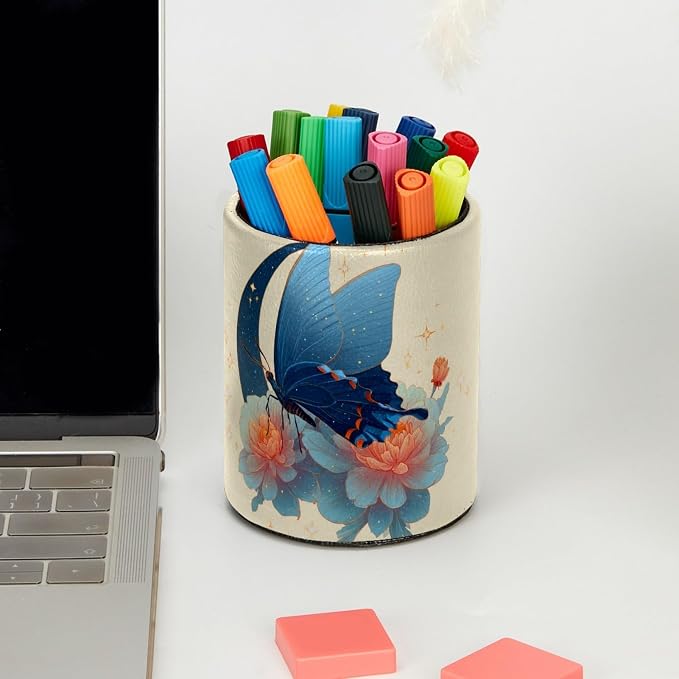 Butterfly and Flowers Pen Holder, Pencil Cup Marker Brush Holder Desk Storage Case, Desktop Organizer for School Office Home Supplies